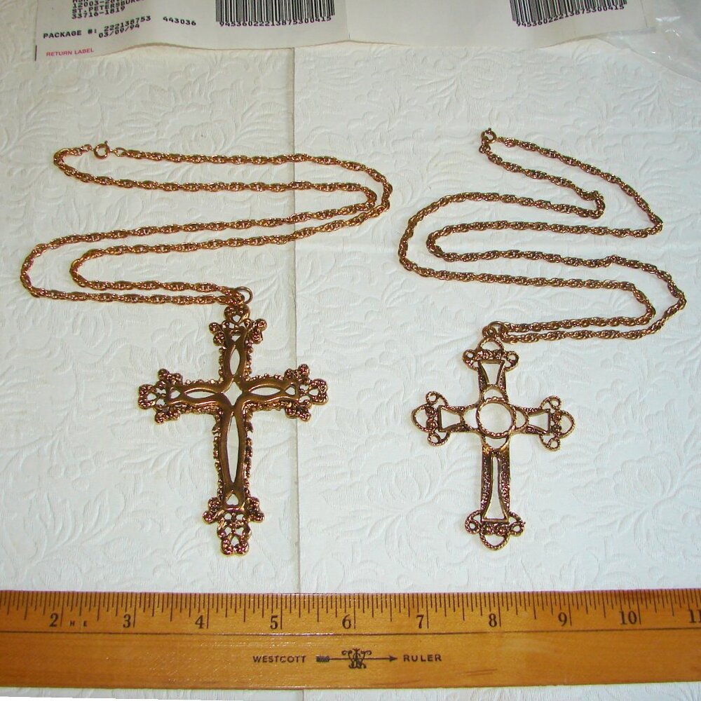 NOS 1994 Antique-Look Cross NECKLACE SET of 2, Lrg Gold Tone, 30" Chain,HSN E86